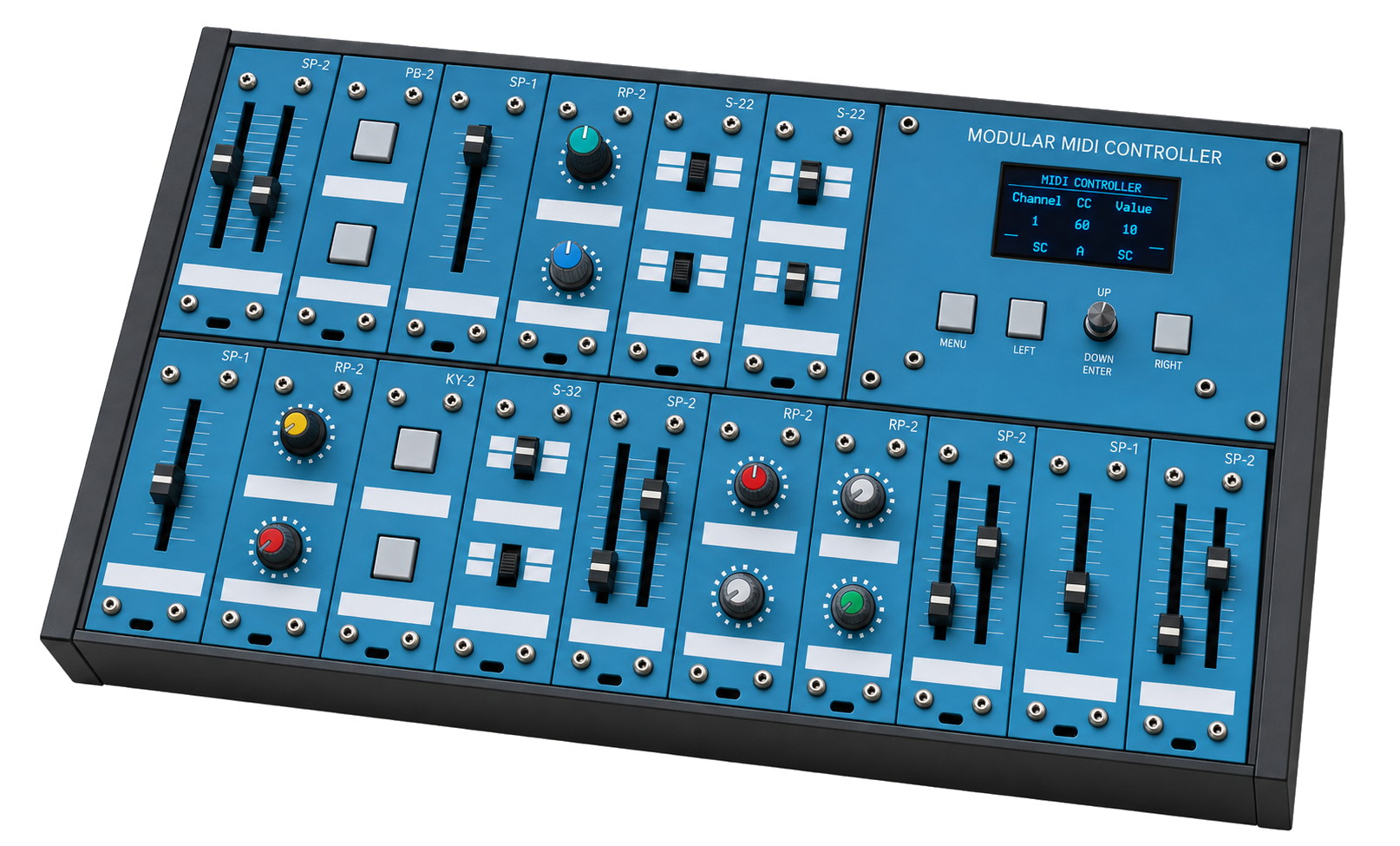 MOMICO modular MIDI controller by HAMICOMA with interchangeable blue fader, switch, rotary and button modules