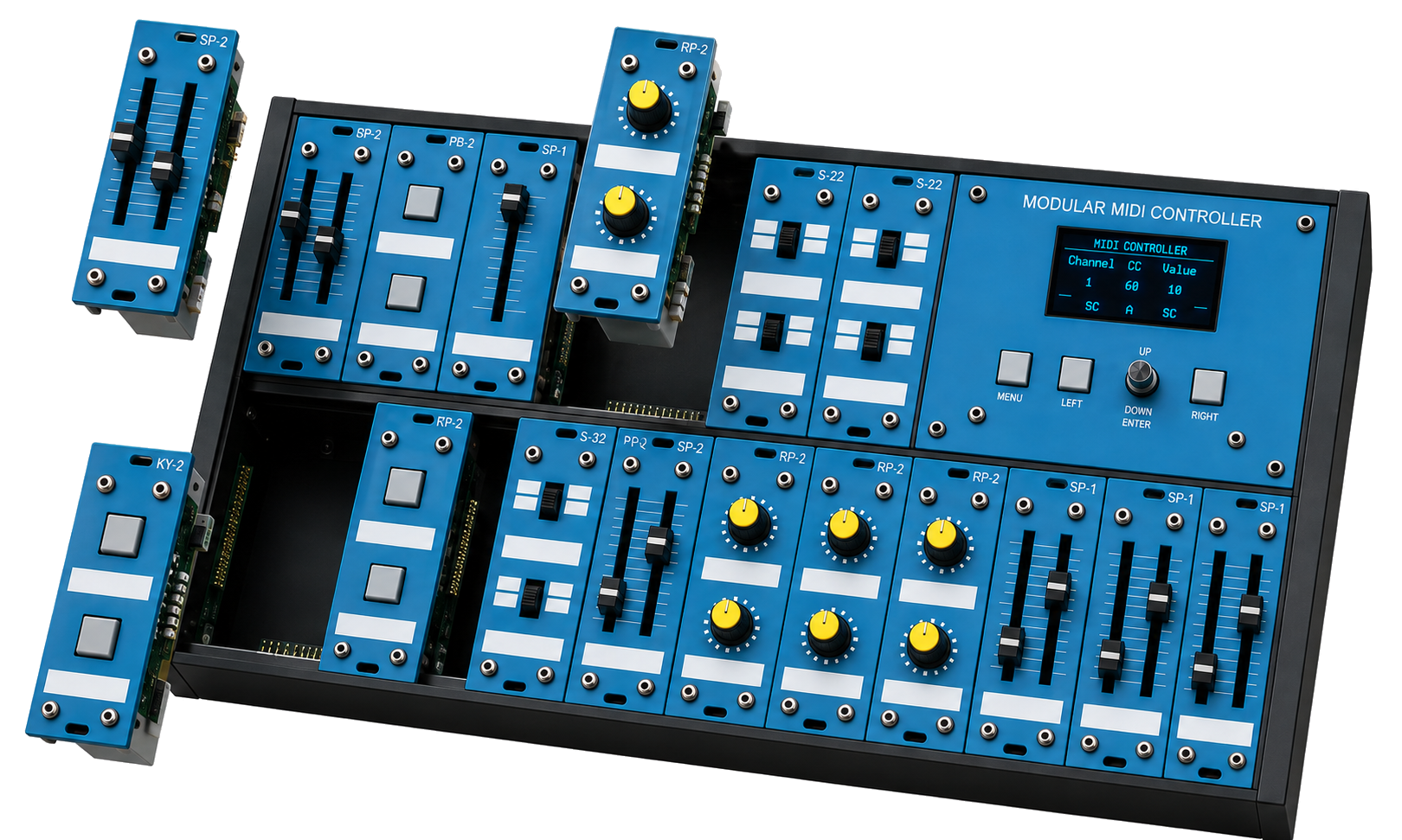 Exploded view of the MOMICO modular MIDI controller showing removable interchangeable hardware modules